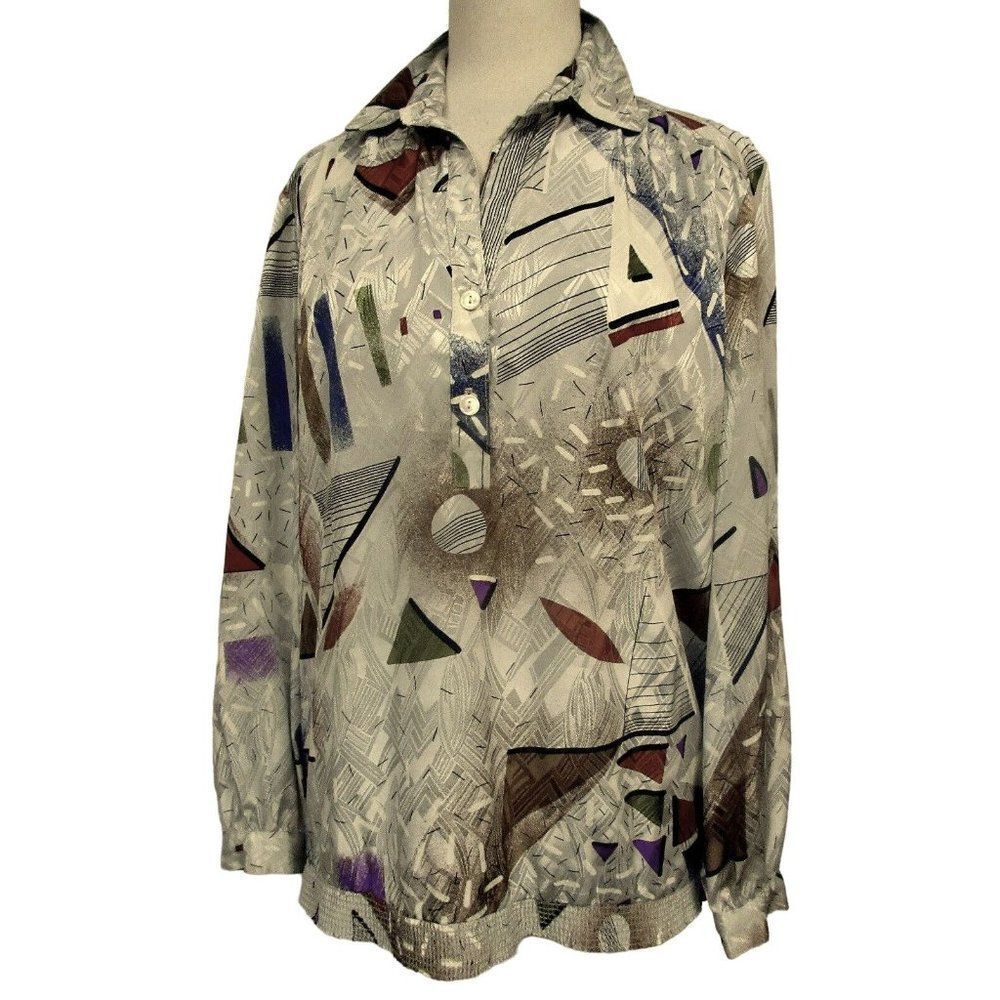 Helen Fabrikant Vintage Geo Abstract Print Pullover LS Blouse Multicolor Sz 12